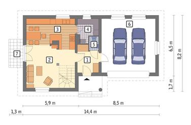 RZUT PARTERU: wersja podstawowa POW. 42,1 m²